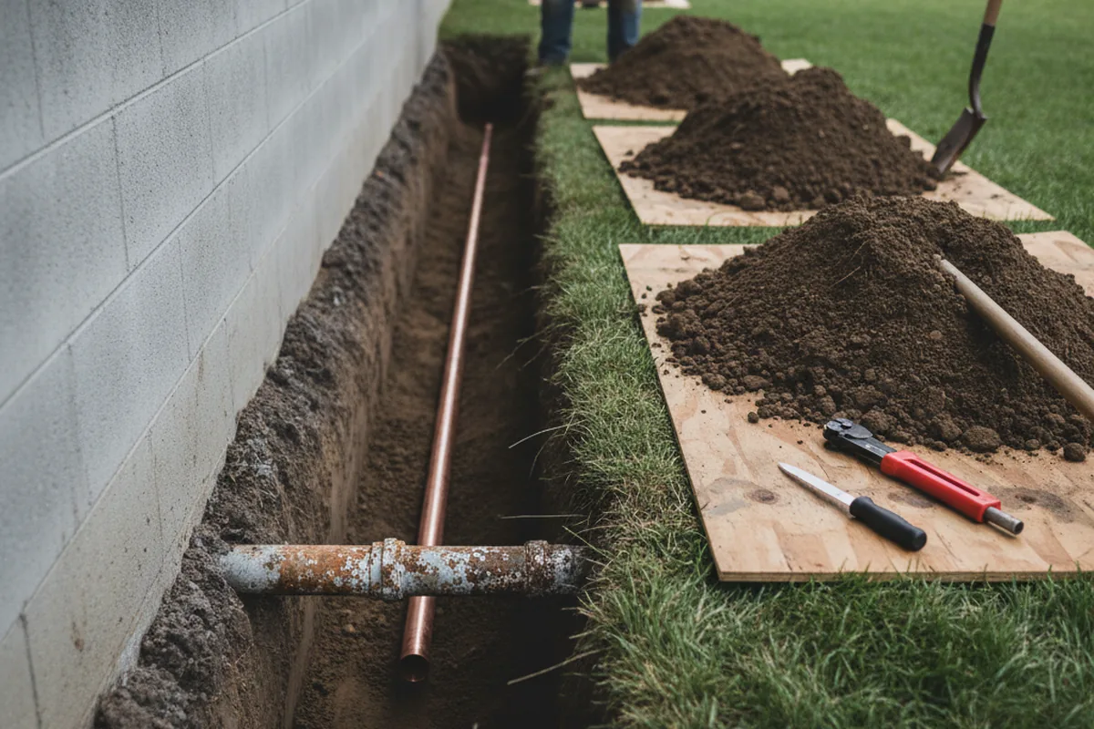 Excavated water line trench during Water Heater Repair in Riceville